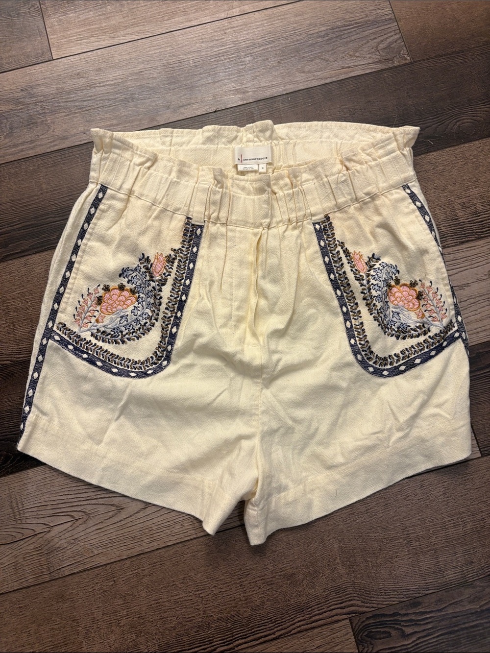Anthropologie Cream High-Waist Embroidered Pocket Shorts